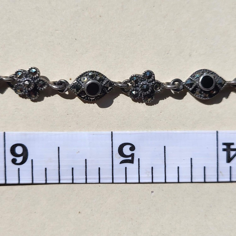 Vintage 925 Sterling Silver Black Onyx Marcasite Panel Link Bracelet Art Deco - Picture 10 of 10